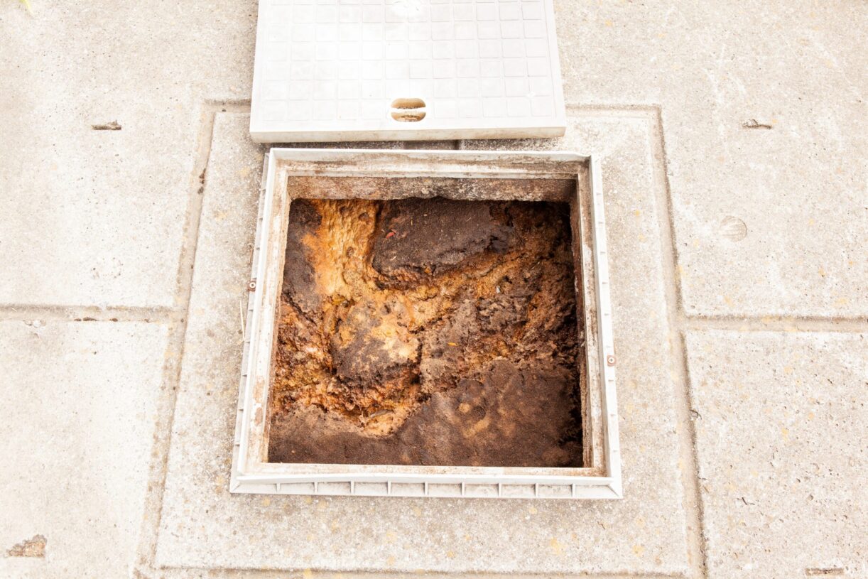 Clogged sump pump pit with heavy sludge buildup in concrete floor, showing sump pump problems